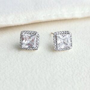 Pandora - Square Sparkle Silver Clear Halo Stud Earrings - new